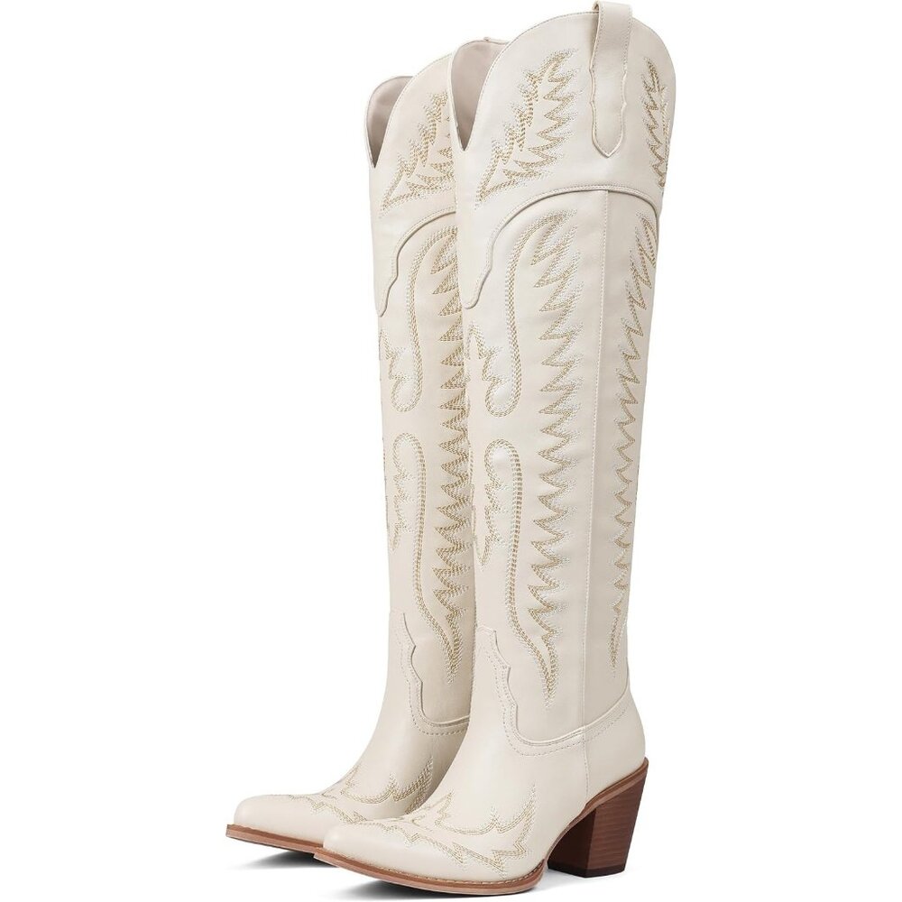 Women Over The Knee Western Boots Classic Embroidered Chunky Heel Slip On Beige